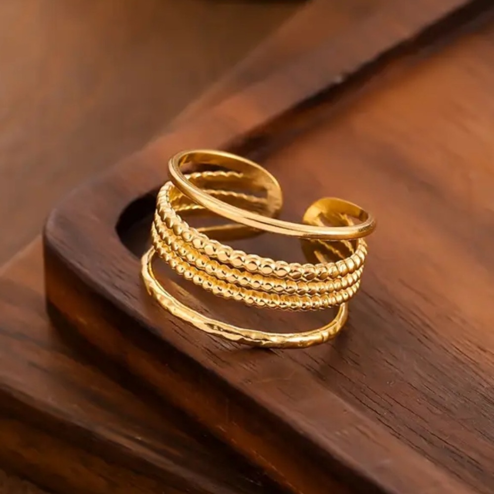 18k Gold Plated Beaded Layered Cuff Women's Ring 3 pack
